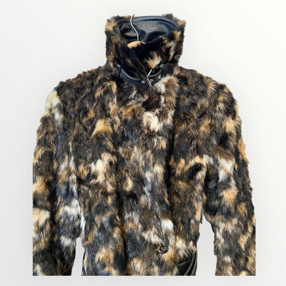 HELMUT LANG Tortoise Faux-fur Shawl-collar Belted Coat Size Small - Picture 8 of 16